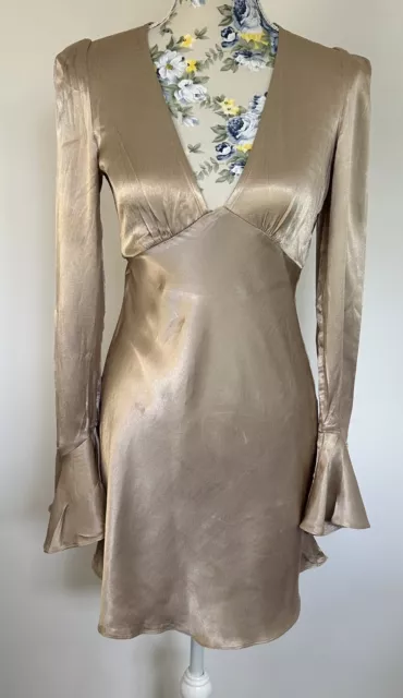 Shona Joy Gold Mini Dress Bias Cut Long Bell Sleeve Low Cut Size 8