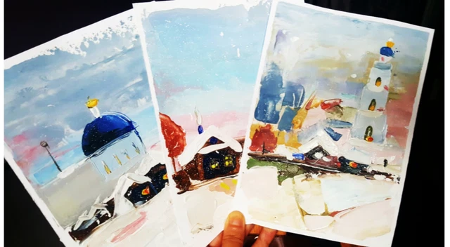 Pintura al óleo original Invierno Arte ORIGINAL Snow Impasto Textured Barn...