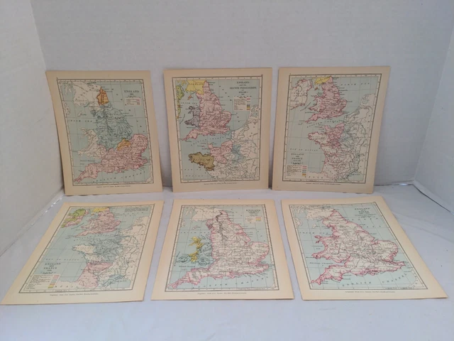 Set of 6 1907 Maps of England in Middle Ages 1065-1603 8.5x7"