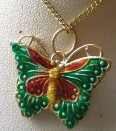 Collier Pendentif Papillon Double Face Or Avec émail Cloisonné Rouge - Modèle 4949 Occasion