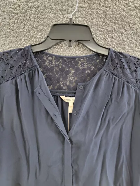 Rebecca Taylor Sarah Lace Paneled Silk Blouse Women's 2 Navy Long Sleeves 2