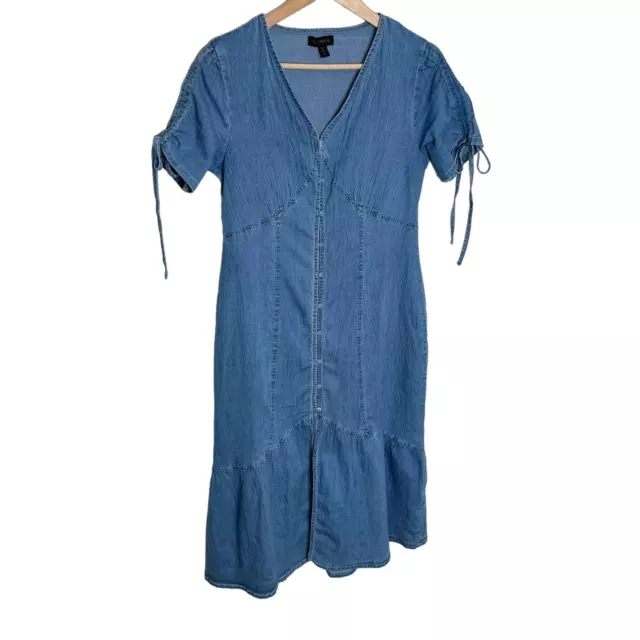 QED London Womens Denim Midi Dress Size 8 Blue Stretch Button Front Short Sleeve