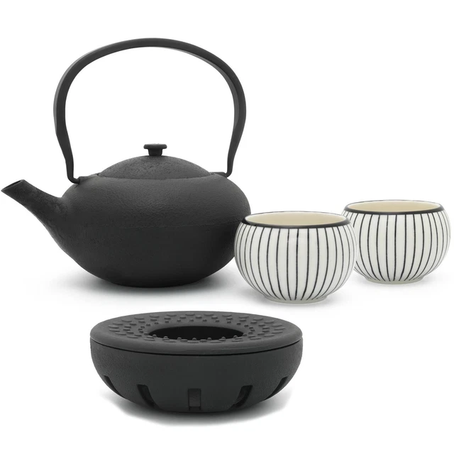 Tee Set Gusseisen Asia Teekanne 1.0 Liter mit Teewärmer & 2 Porzellan-Teebecher