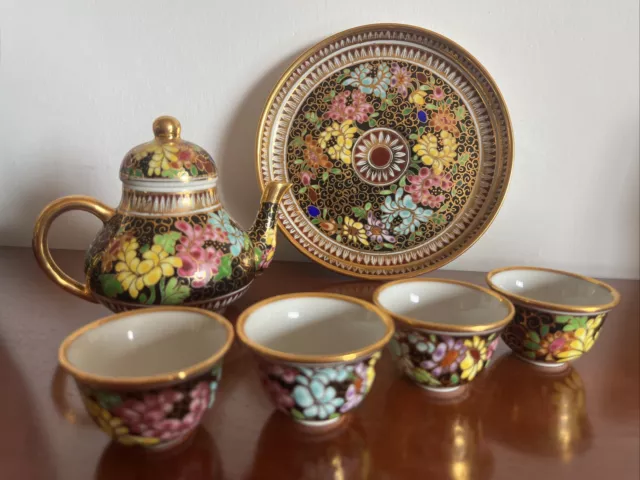 Set da tè vintage orientale in miniatura, teiera con 4 tazze e vassoio