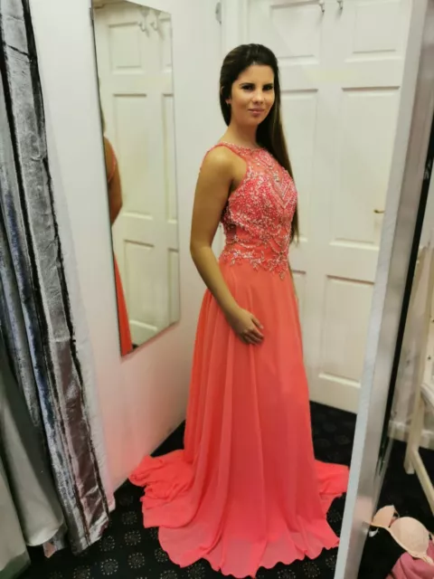 Tiffanys Rosalie size 4 coral pink Beaded Top Mesh Neck Line Floaty Bottom BNWT
