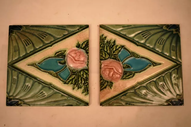 Antique Porcelain Tile Japan Art Nouveau Majolica Floral Rose Ceramic FM Bran"20 3