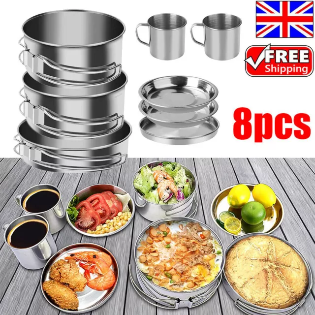 8pcs Cookware Set Stainless Steel Pan Pot Outdoor Camping Hiking Picnic Cooking