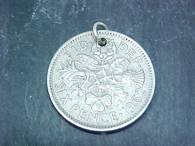 Pocket Watch Chain Fob 1962 Vintage Lucky British Silver Six Penny Bit Coin Fob