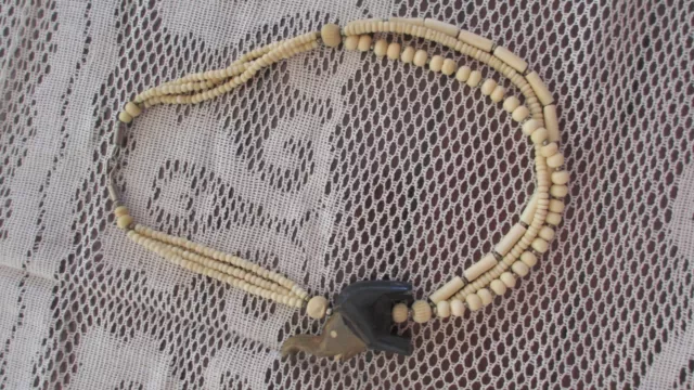 Vintage Unique Tribal Ethnic hand carved Elephant  & Cream Beads Necklace