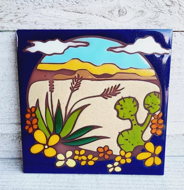 Terracotta trivet tile made in Arizona desert scene glossy & matte glaze vintage