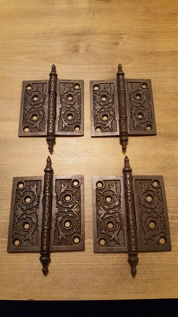 Lot of 4 Antique Ornate Door Hinges 4 x 4 Steeple Point Cast Iron