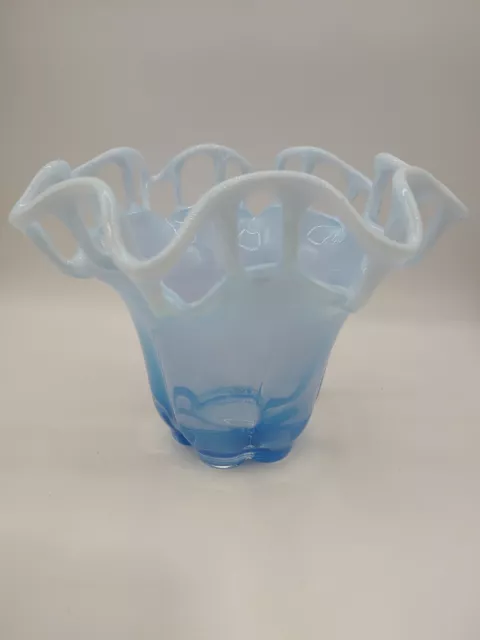 Duncan & Miller (?) Murano Pattern Blue Opalescent Pierced Lace Edge Bowl Vase