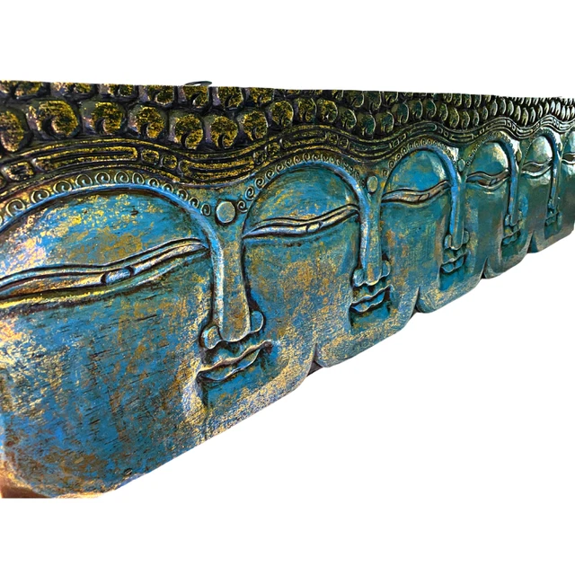 Infinite Faces Buddha Wall Sculpture Panel Hand Carved Painted Balinese art Blue