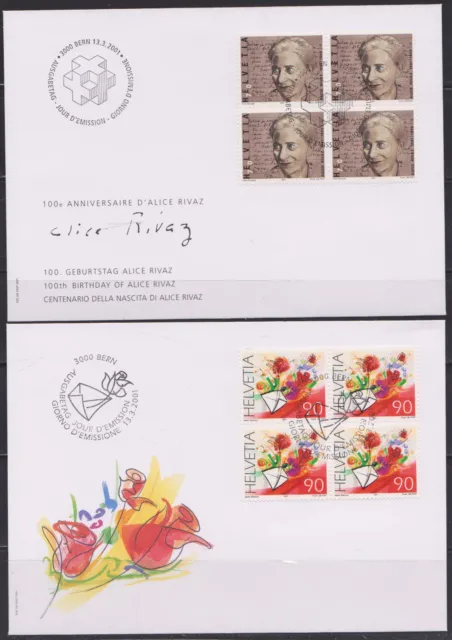 Schweiz-2001-2 FDC/4er-Block-ALICE RIVAZ/Schriftstellerin+Grußmarke-Mi:1746+1750