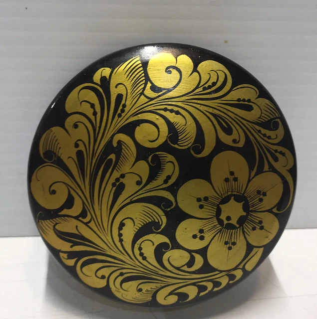 Wooden Lacquer Trinket Box USSR Jewelry Box Black Gold Round Thermo Veneer