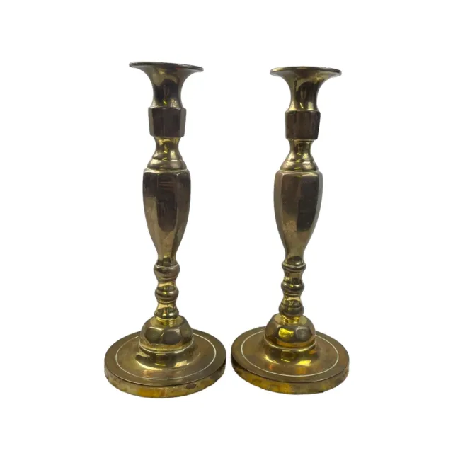 VTG Set of 2 Brass Candlesticks Tall 11" Made in England Round Base Victorian