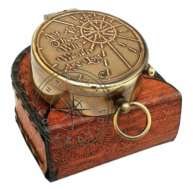 Dollond London Brass Pocket Compass With Leather Case, Engraved Nautical Gift