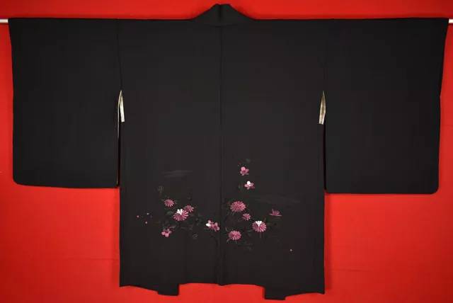 Vintage Japanese Kimono Silk Antique BORO Black HAORI Embroidery/B237/650