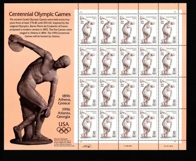 Scott 3087 - 1996 Summer Olympic Games Full Sheet of 20 US 32¢ Stamps Discus