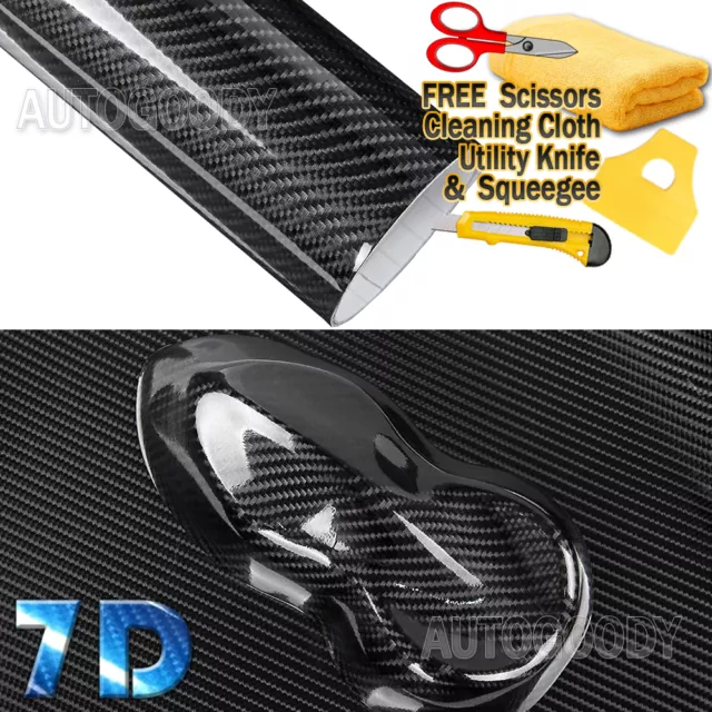 7D Premium Super Gloss Black Carbon Fiber Vinyl Wrap Bubble Free Air Release 6D