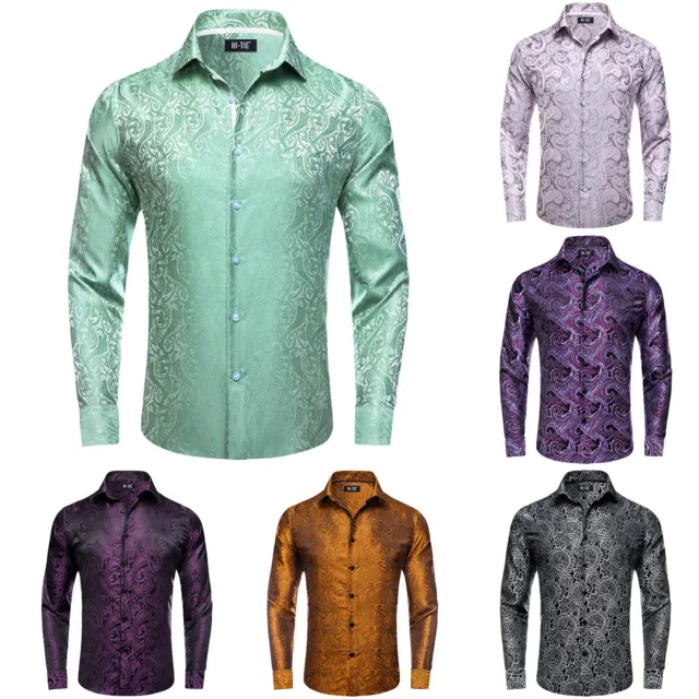 Mens Dress Silk Shirt Long Sleeve Black Blue Paisley Casual Button Down Shirts