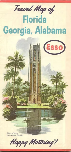 1962 ESSO Bok Tower Road Map FLORIDA GEORGIA ALABAMA Miami Jacksonville Savannah