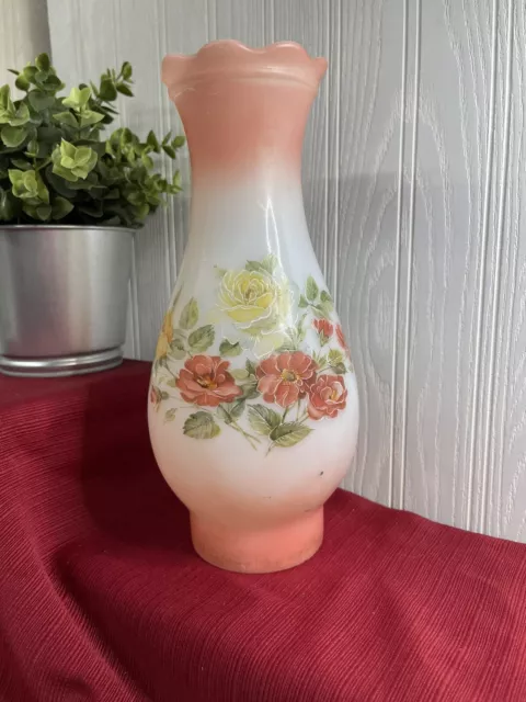 Vintage 10” Hurricane Milk Glass Chimney Lamp Shade. Coral/Peach with Roses