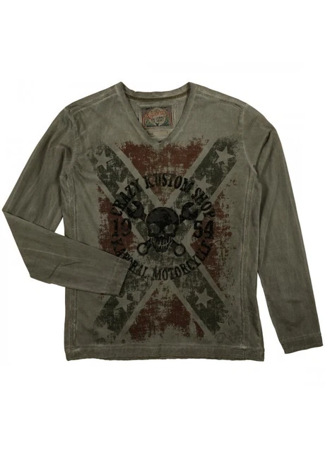 T-shirt Kaporal Manches Longues - Col V Avec Tête De Mort - Taille S, Kaki