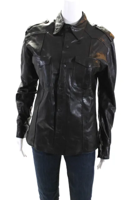 Leather Man Womens Long Sleeve Leather Snap Shirt Jacket Black Size Medium