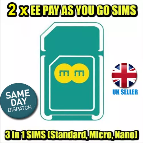 2 x EE UK 4G/5G Network PAY AS YOU GO NEW TRIO SIM Cards (Standard/Micro/Nano)