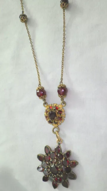 Czech Victorian Red Garnet Necklace  Brass Gold Gilt 18"