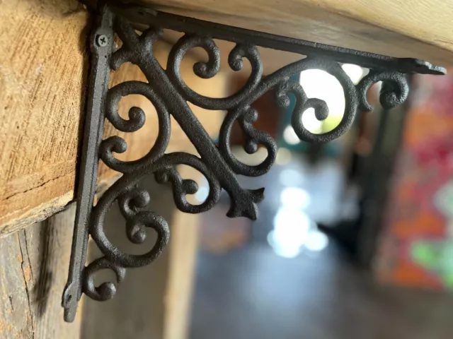 2 Black 10" French Country Farmhouse Shelf Braces Wall Brackets Cast Iron Corbel