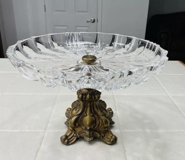 Large Vintage Crystal Cut Glass Pedestal Cake Candy Dish W/ Brass Metal Base