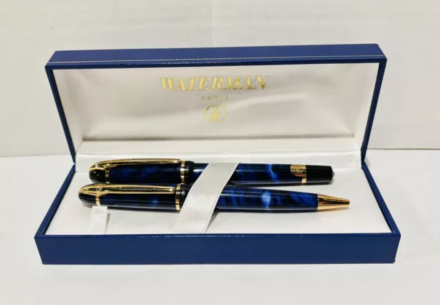 Waterman Phileas Ballpoint Pen Set 2 Blue Marble Gold Trim w/ Box Paris France