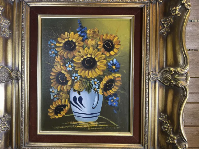 Antikes Gemälde Sonnenblumen Goldener Rahmen Blumen Bild Antiquität Blumenstrauß 3