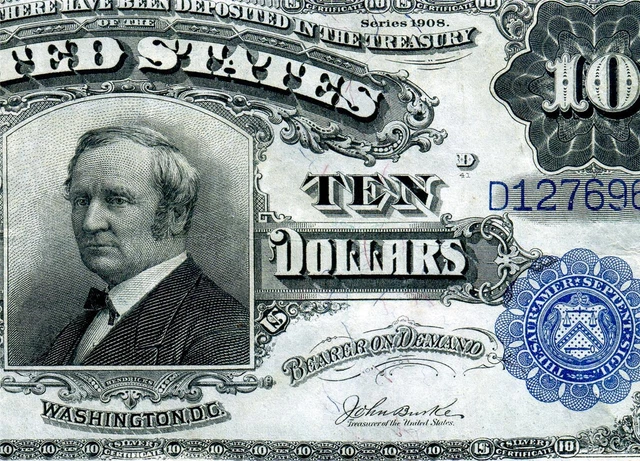 HGR SUNDAY 1908 $10 Silver Certificate TOMBSTONE ((RARE Issue)) VERY HIGH GRADE