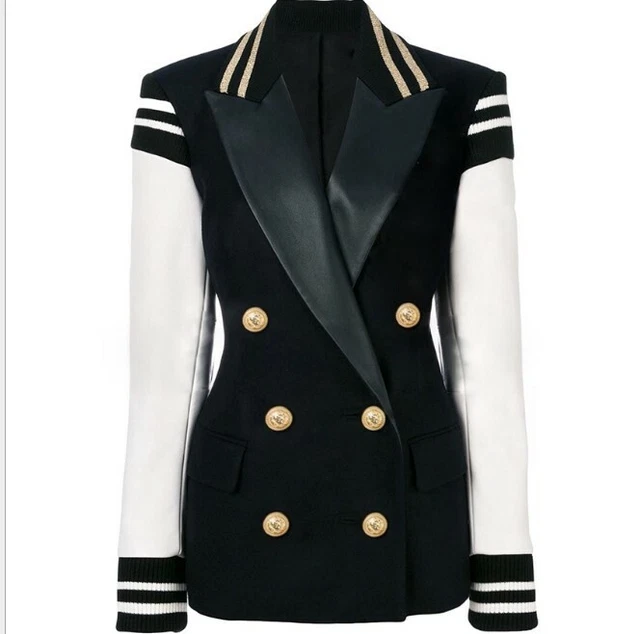 Donna Design Ispirato D'Oro Bottoni Similpelle Blazer Cappotto