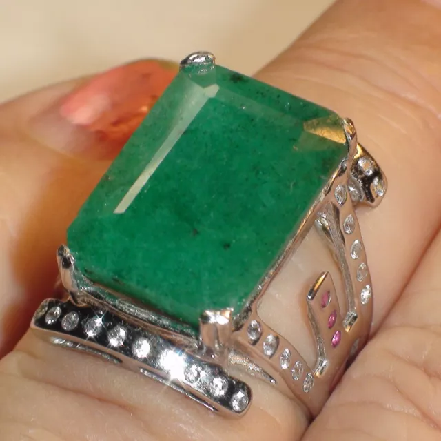 Lovely! Natural 11.70 Ct Unheated Emerald Ring 925 Sterling Silver,Size 6.5