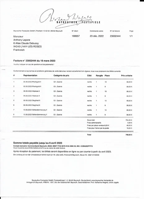 2 Tickets to this summer's Bayreuth Wagner Festival (8/5 - 8/10) 1st Row Gallery