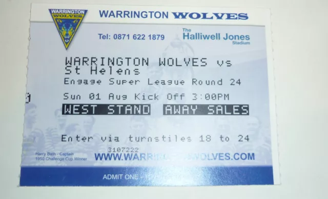 WARRINGTON WOLVES v St HELENS 1st AUGUST 2010 TICKET