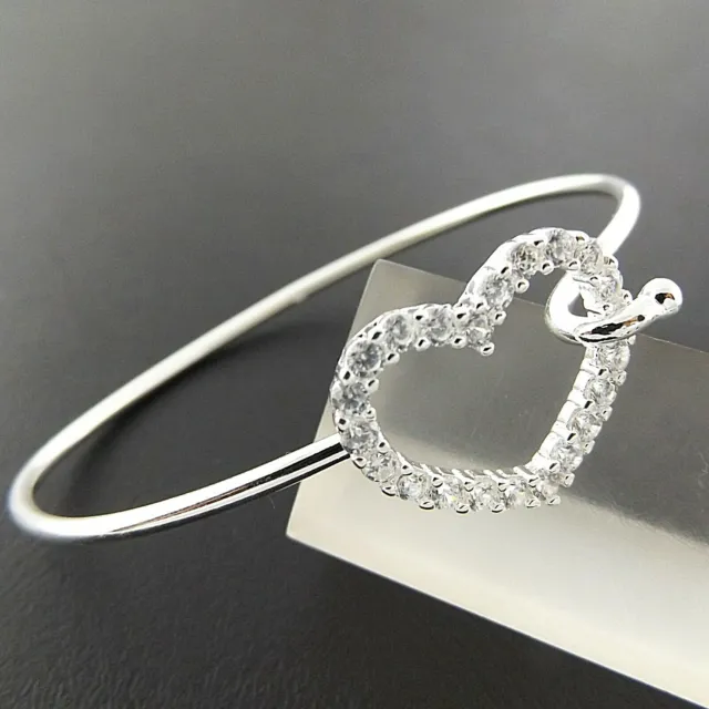 Heart Bangle Bracelet Cuff Real 925 Sterling Silver Filled Diamond Simulated