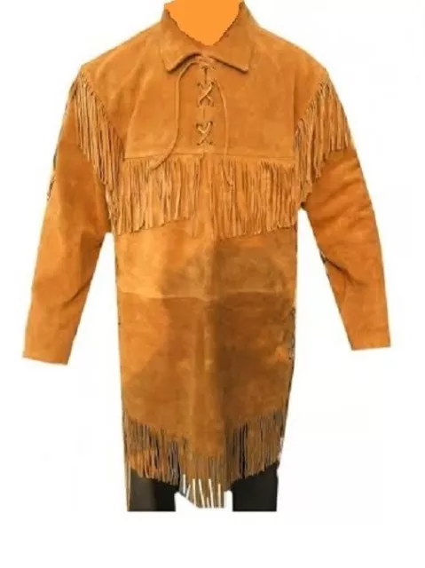 Mens Western Brown Buckskin Suede Leather Fringe Mountain Man Shirt MMS172