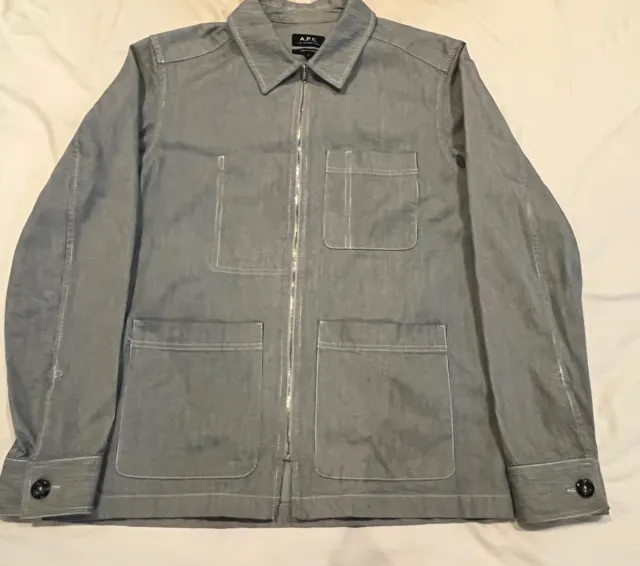 A.P.C. Black / Gray Hickory Stripe Cotton Chore Coat / Zip Jacket Men's Small