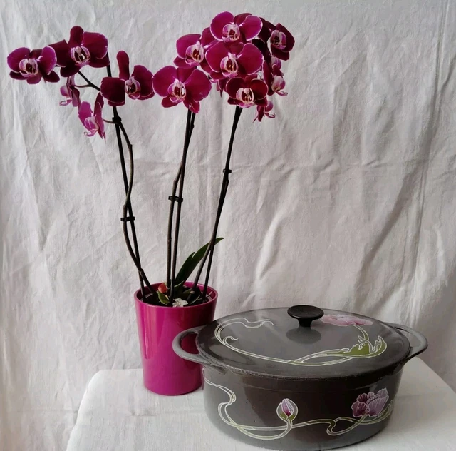 Vintage Cousances Le Creuset Gray with Pink Floral Fondue Bean Pot Hard to Find | #1847582388
