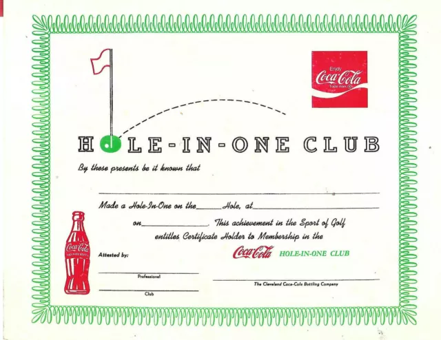 COCA-COLA Hole-in-One club certificate Cleveland Coca Cola bottling company