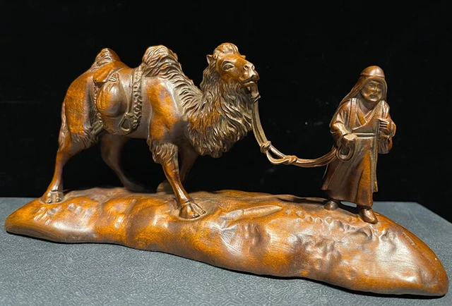 GY056 - 19 X 9 X 6 CM  Boxwood Carving Figurine Statue : Man and Camel