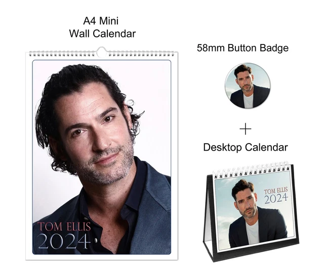 TOM ELLIS 2024 A4 Wall + Desktop Calendar + Pin Button Badge 21.17