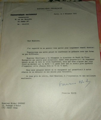 Las Lettera Scritti Autografata Francine Bloch Musicologue Phonotheque 1970 