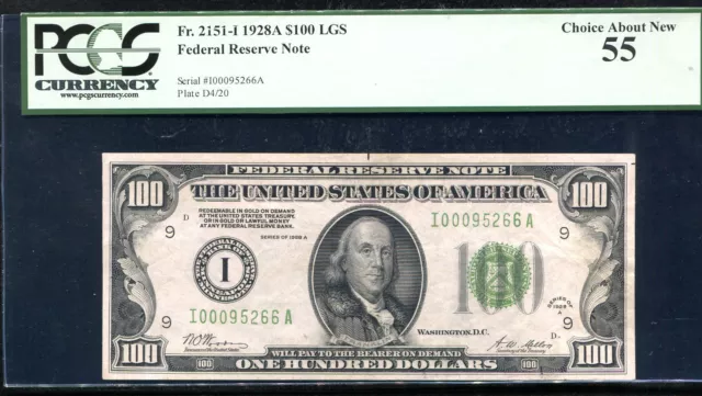 Fr 2151-I 1928-A $100 Lgs Light Green Seal Frn Federal Reserve Note Pcgs Au-55