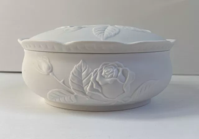 Kaiser Porcelain Bisque Trinket Box. 665 Embossed Rose, Signed M, Frey. VGC